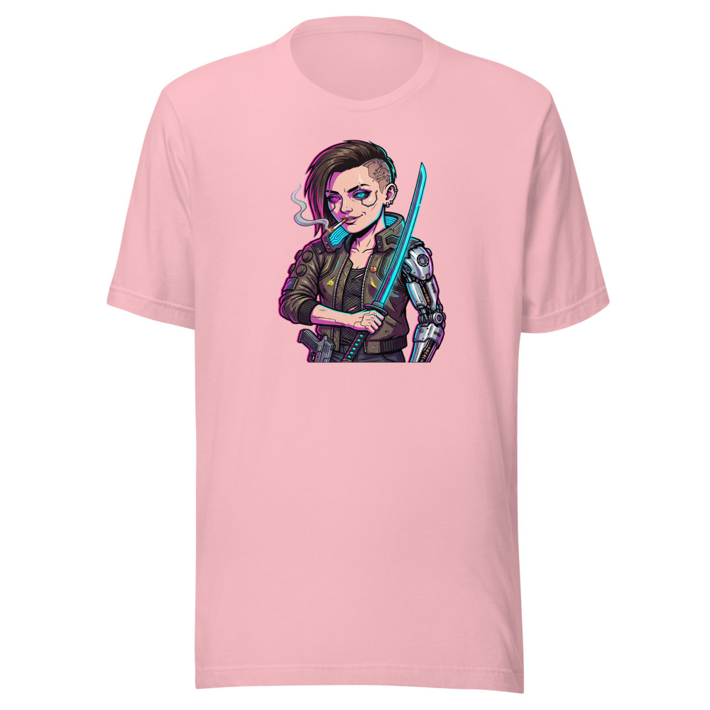 Neon Night City Chrome Merc Katana Tee — pink front view