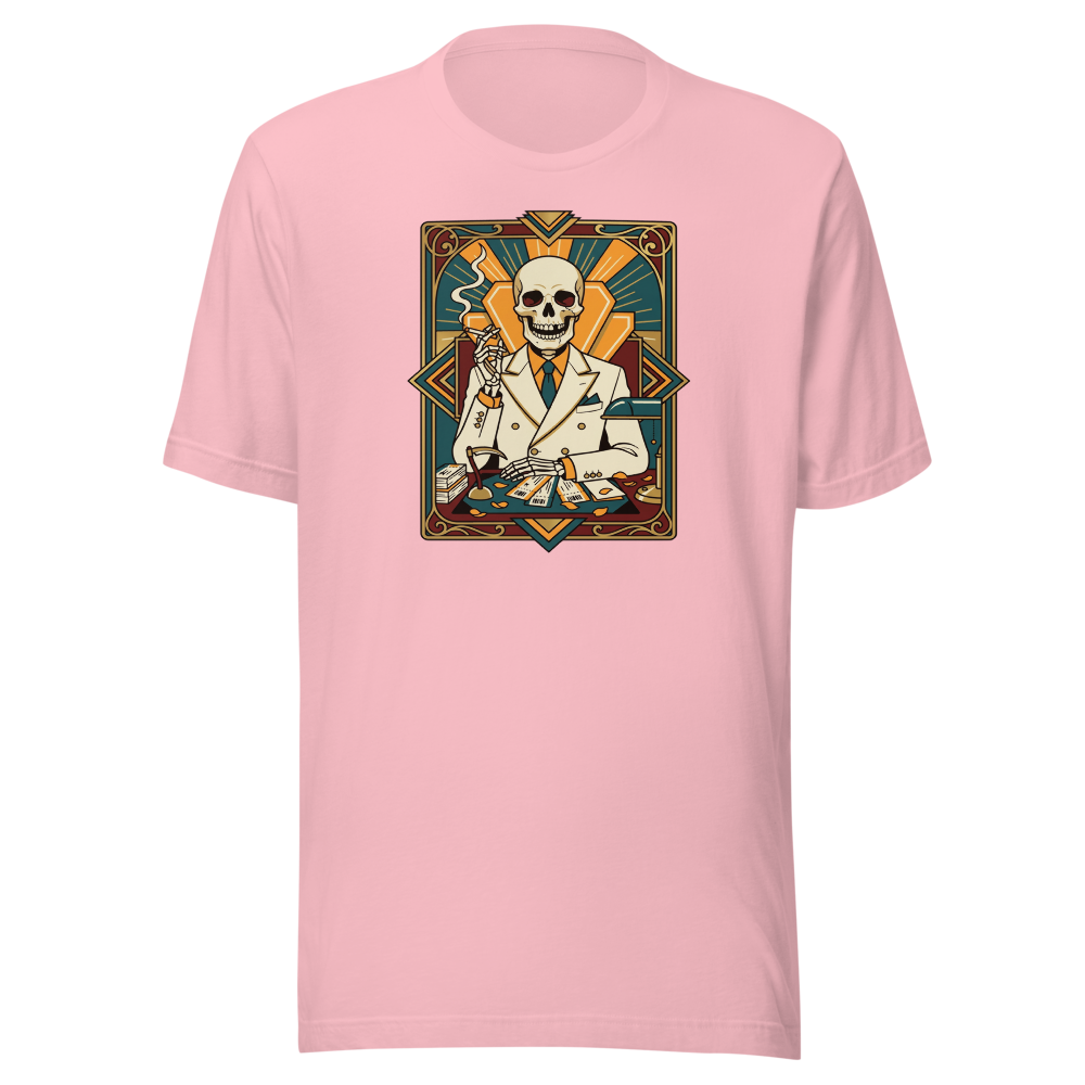 Skeleton Travel Agent Art Deco Noir Tee — pink front view