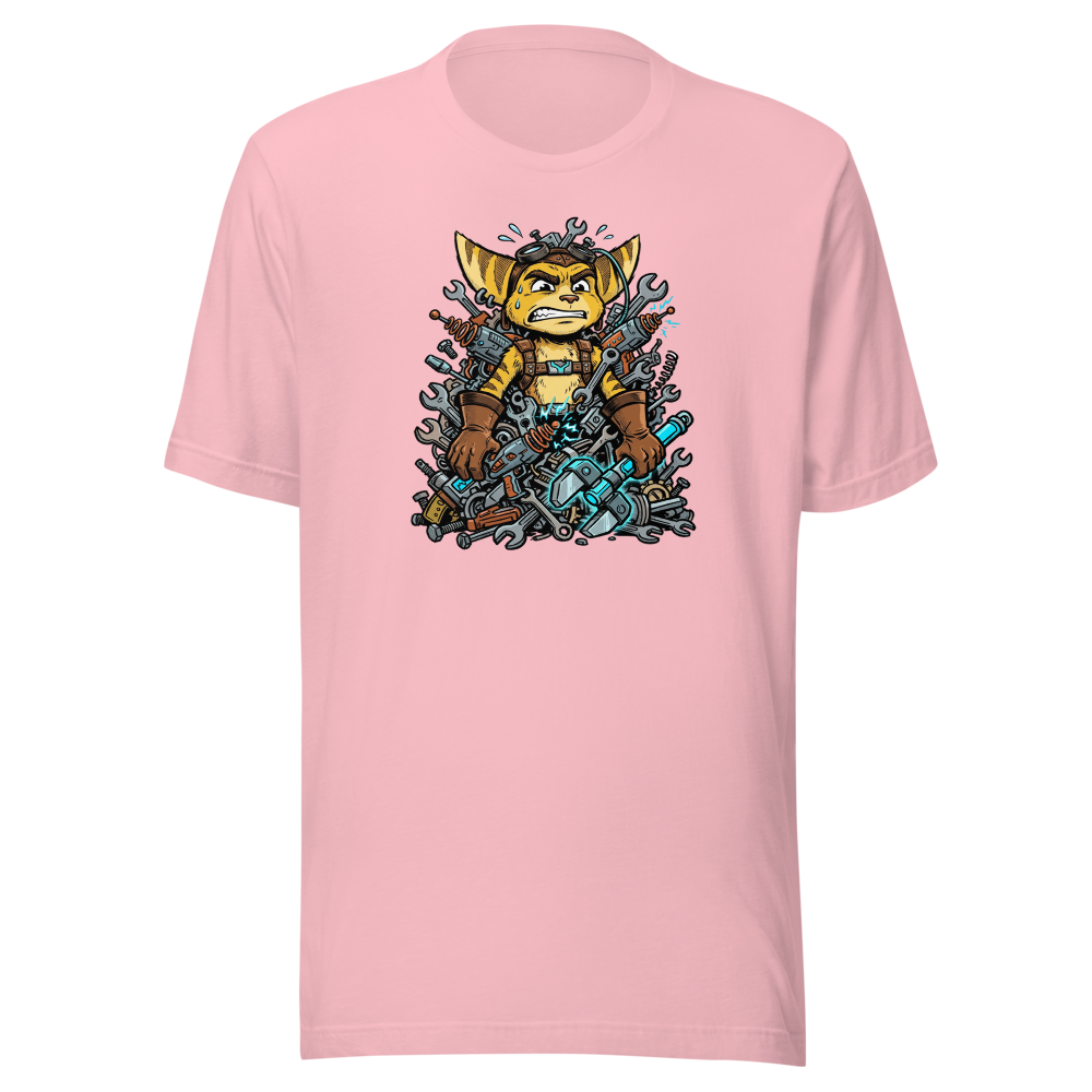 Overwhelmed Space Mechanic Wrench Pile Comic Tee — pink front view