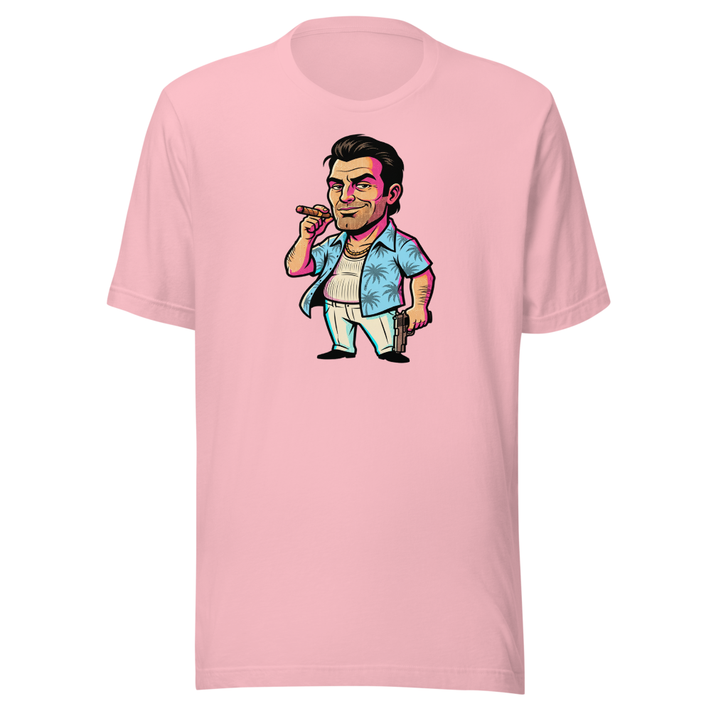 Tropical Mobster Halftone Pop Art Neon Miami Tee — pink front view