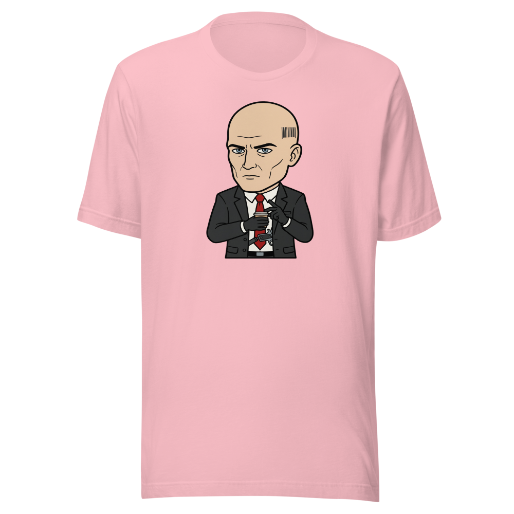 Deadpan Bald Assassin Cappuccino Order Tee — pink front view