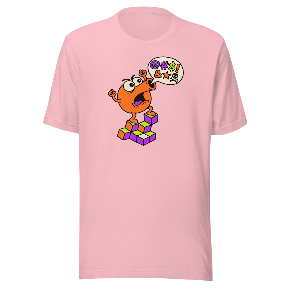 Rage Quit Arcade Gremlin Retro Cube Pyramid Tee — pink front view