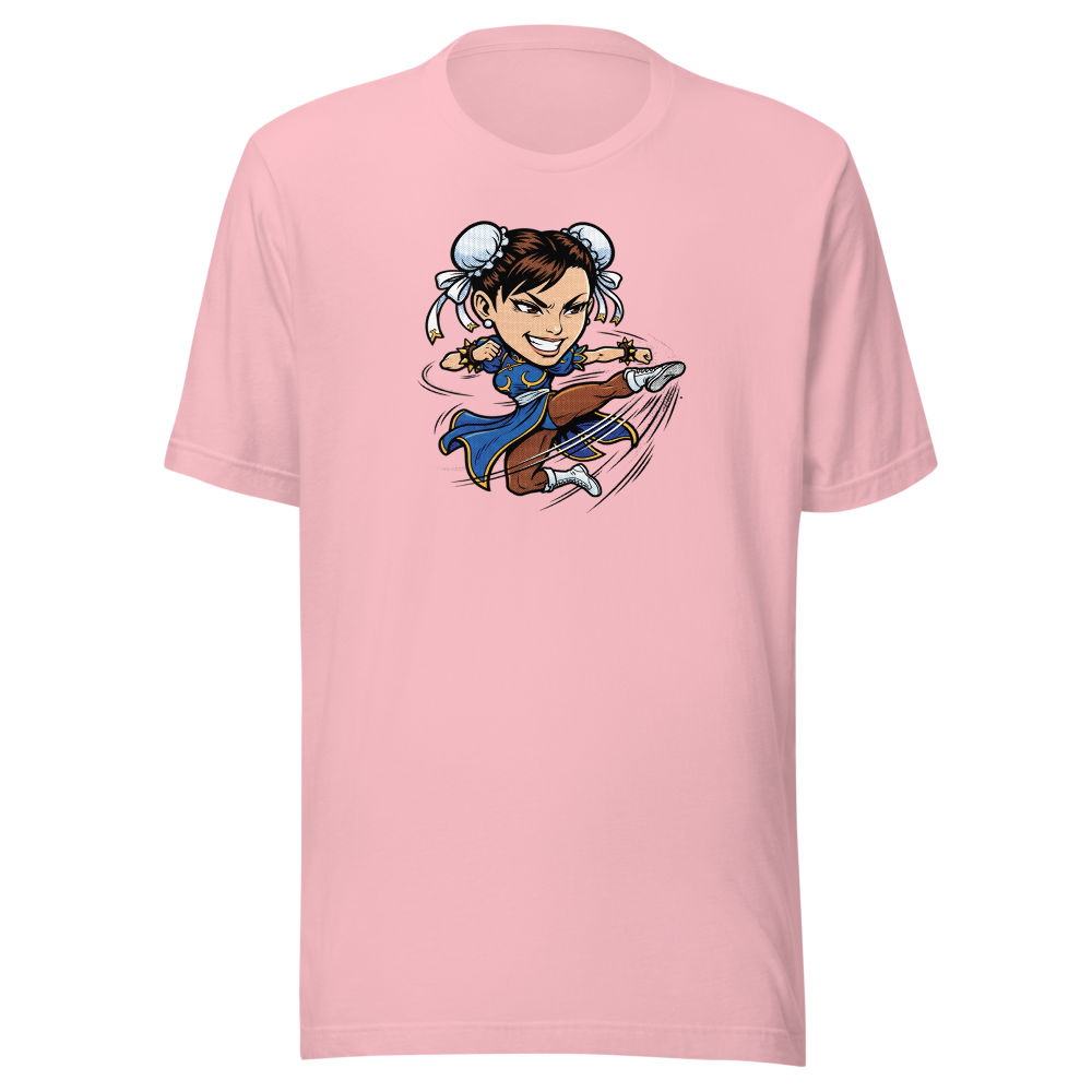 Arcade Fighter Spinning Kick Halftone Pop Art Tee — pink front view