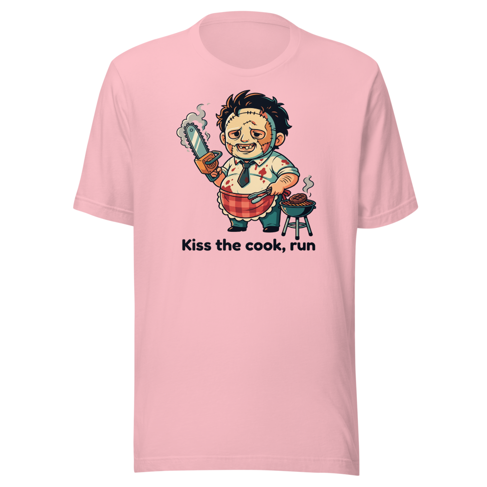 Chibi Slasher Grill Dad Chainsaw BBQ Horror Tee — pink front view