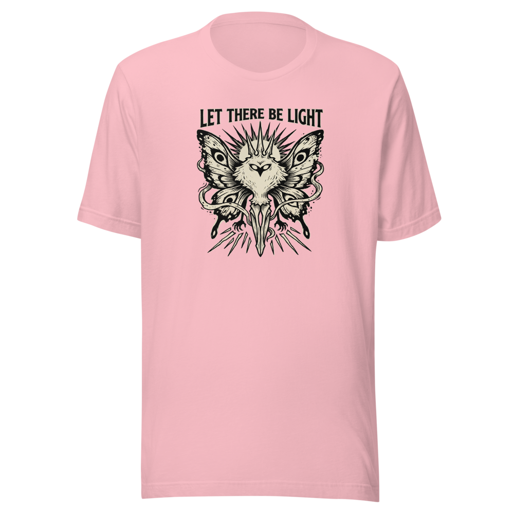 Moth Goddess Blackwork Linocut Let There Be Light Tee — pink front view