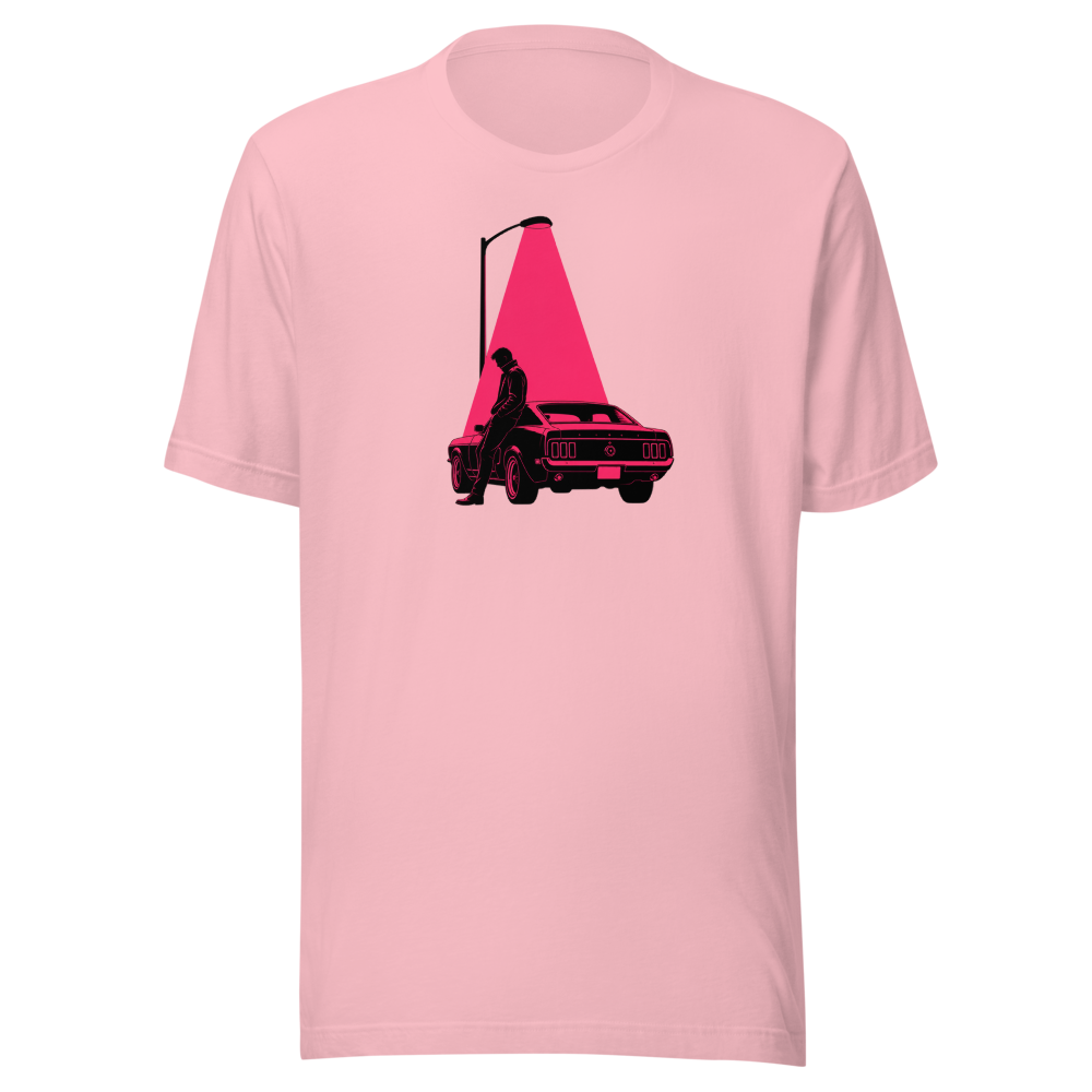 Neon Noir Midnight Driver Muscle Car Silhouette Tee â€” Pink front view