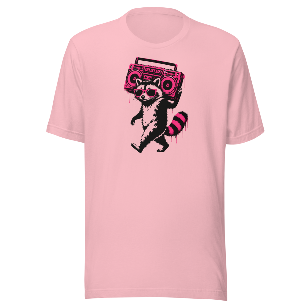 Stencil Raccoon With Boombox Street Art Tee — pink front view