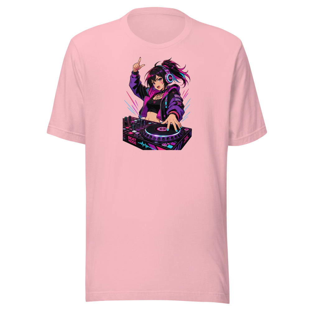 Anime Turntable Girl Synthwave Neon Drop Tee — pink front view