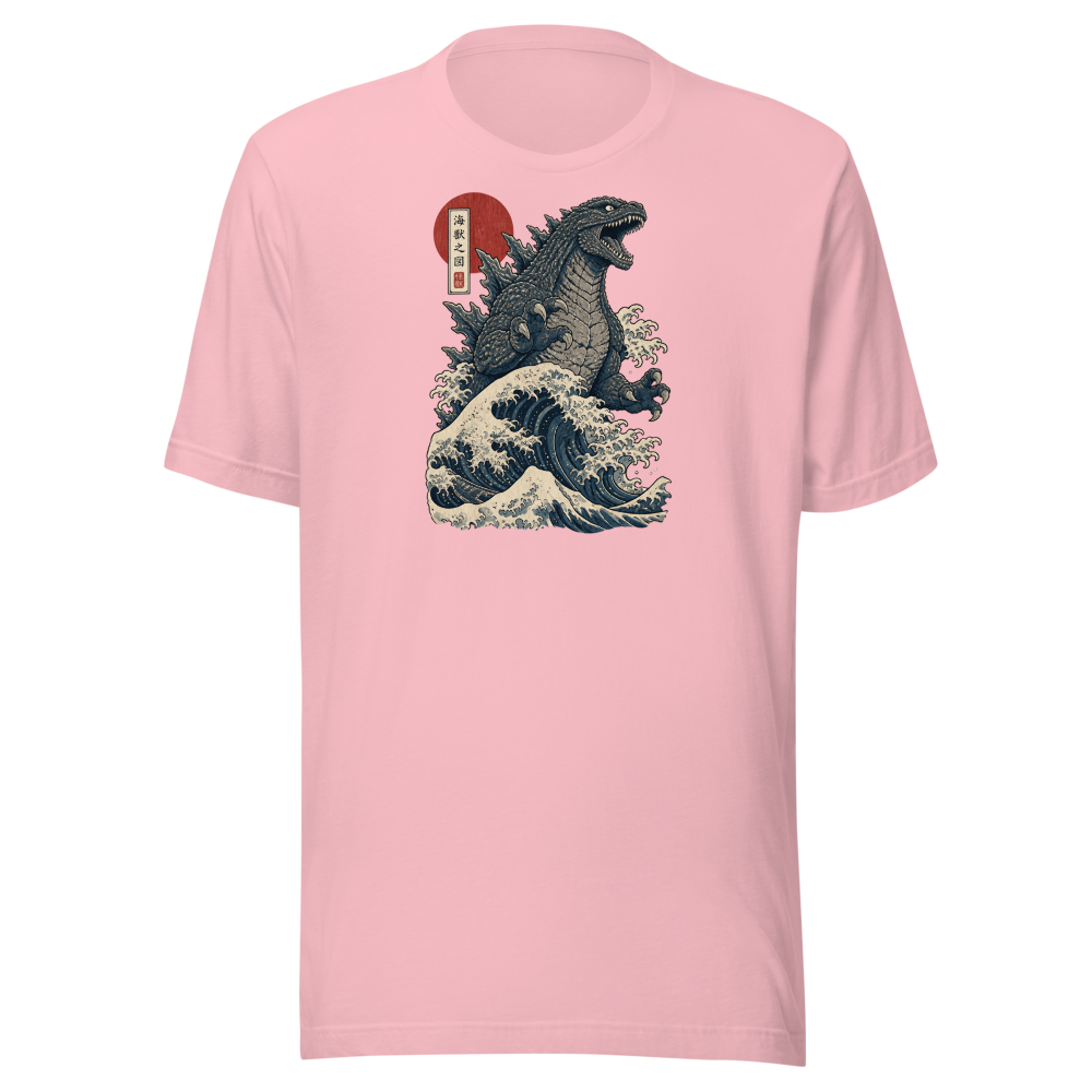 Sea Monster Great Wave Woodblock Print Tee — pink front view