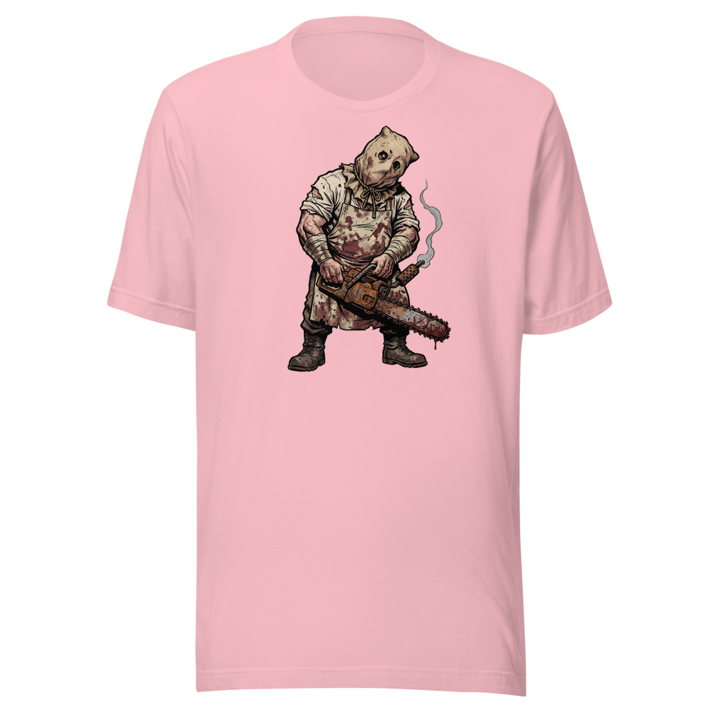 Sack Mask Chainsaw Executioner Horror Tee — pink front view