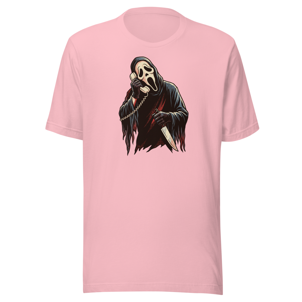 Masked Phone Caller On Hold Halftone Horror Tee — pink front view