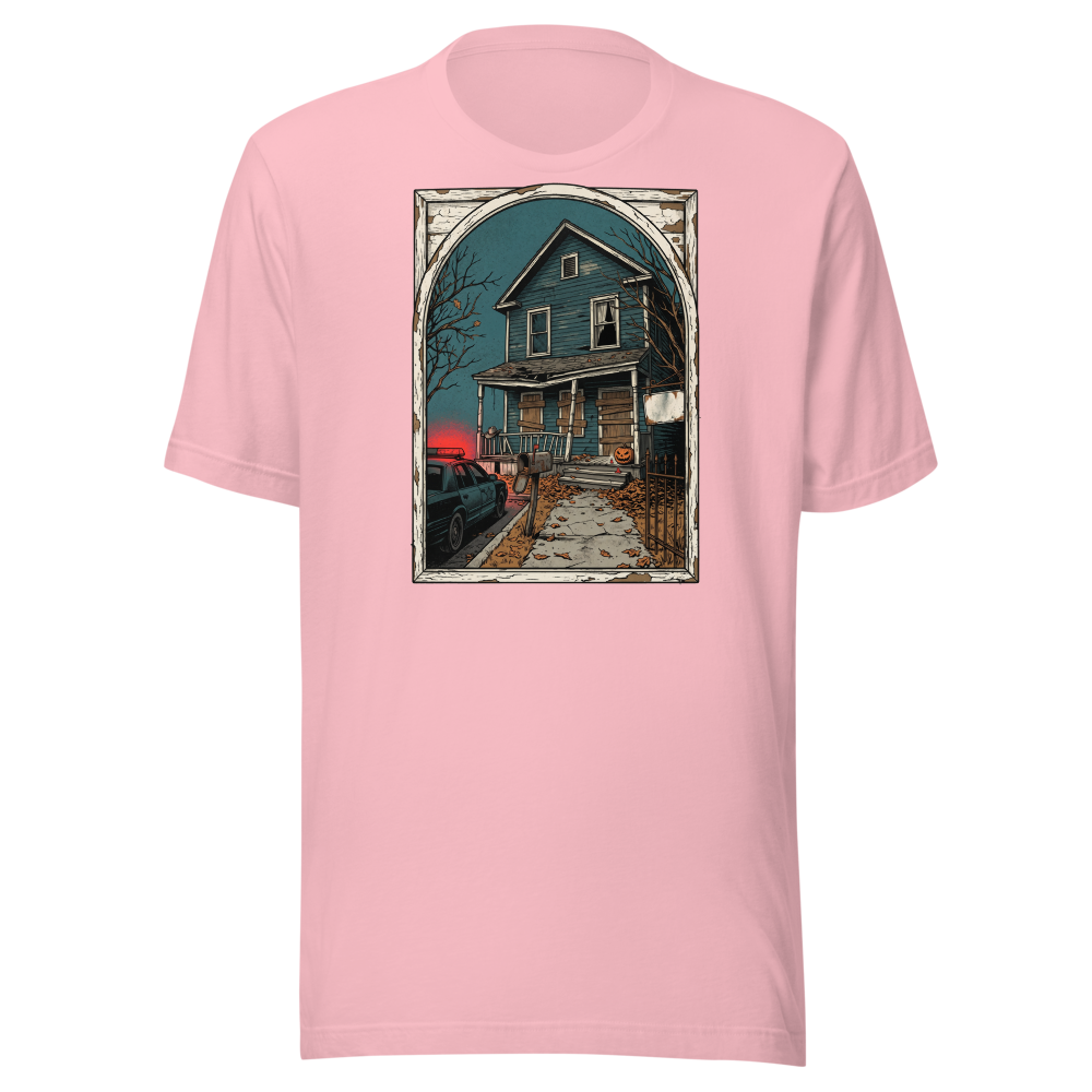 Haunted House Halloween Night Screen Print Horror Tee — Premium Tee — pink front view