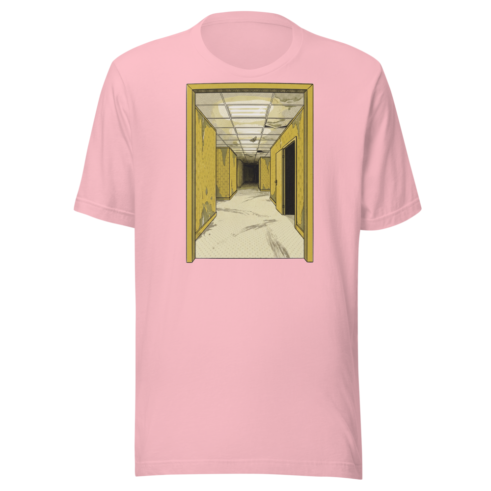 Yellow Liminal Hallway Endless Corridor Riso Tee — Premium Tee — pink front view
