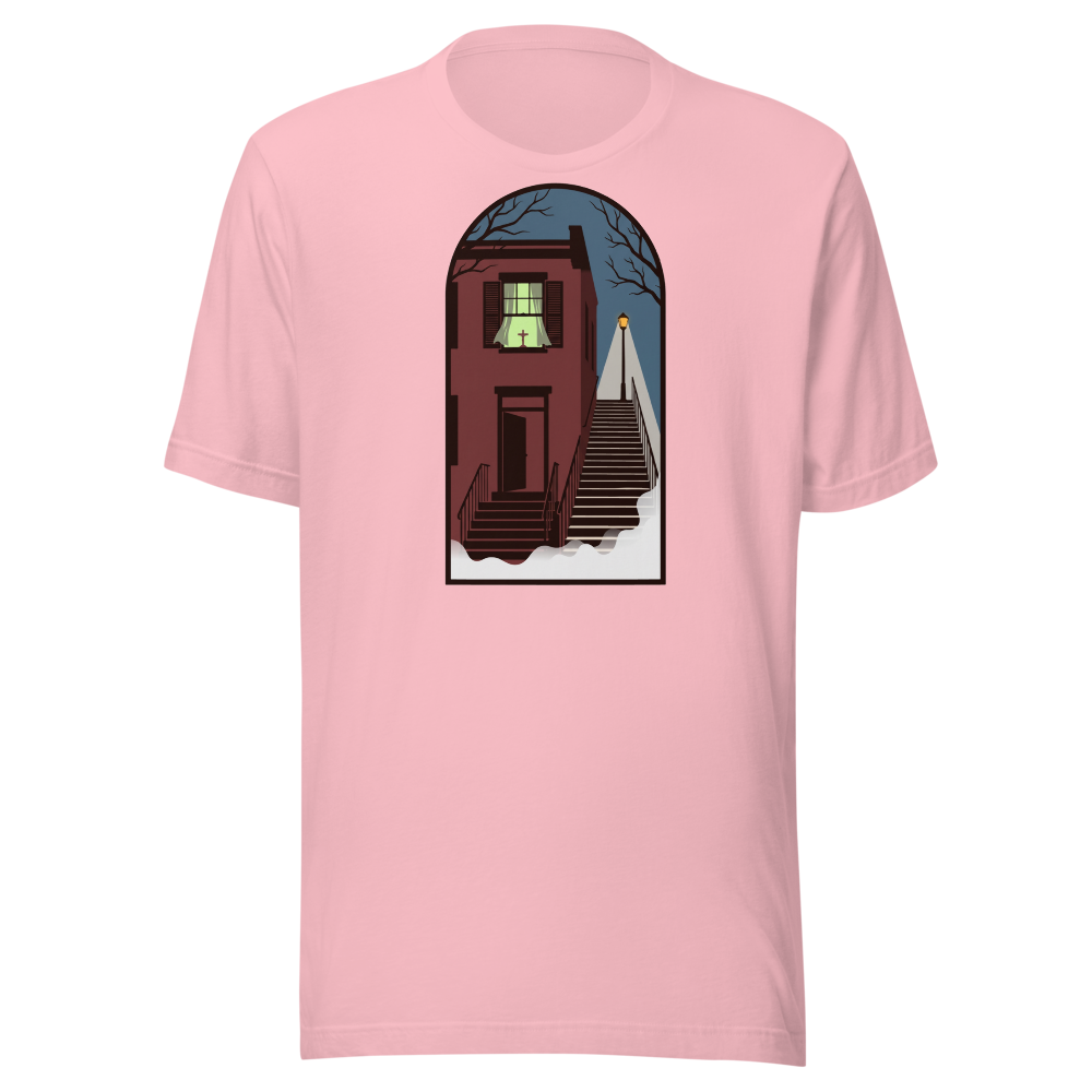 Haunted Row House Stone Stairs Horror Night Tee — Premium Tee — pink front view