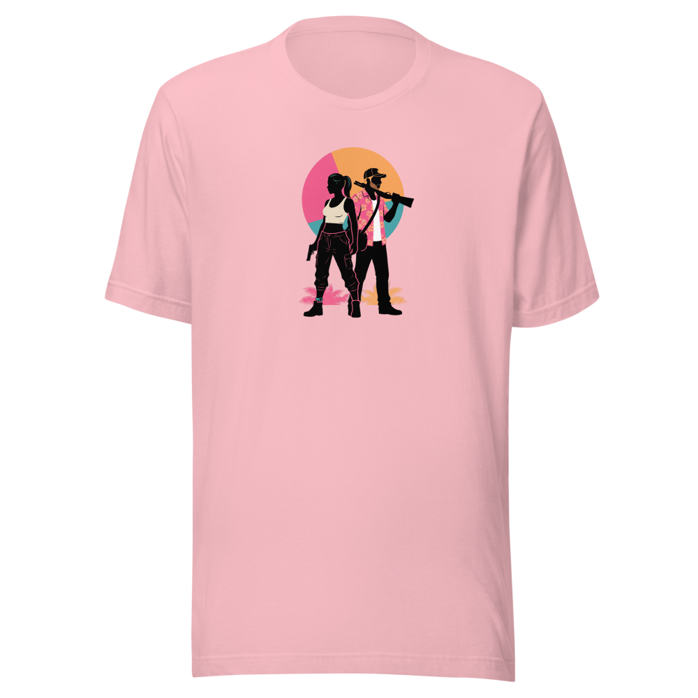Outlaw Couple Neon Sunset Crime Duo Graphic Tee — pink front view