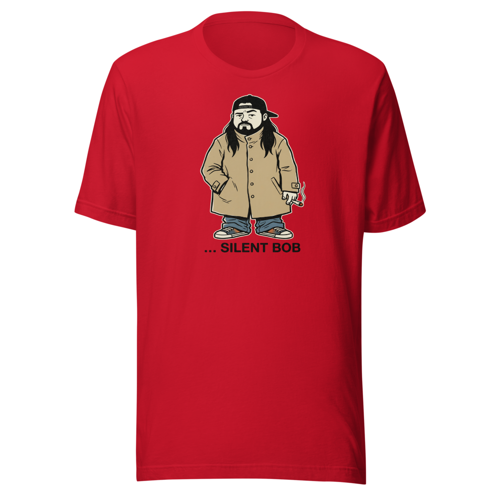 Silent Stoner Sidekick Trench Coat Punk Caricature Tee — Men's Premium Tee — red front view