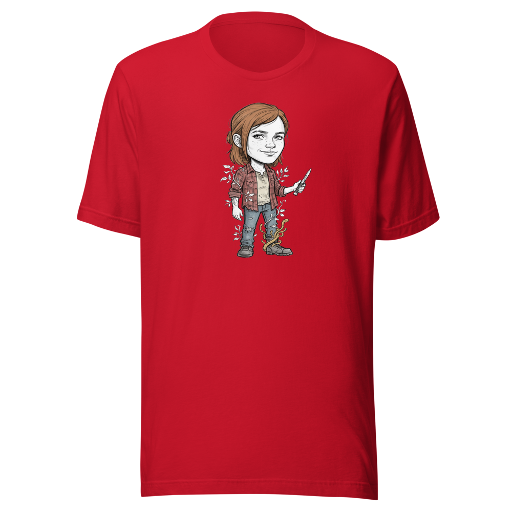 Post-Apocalyptic Survivor Girl Switchblade Sketch Tee — red front view