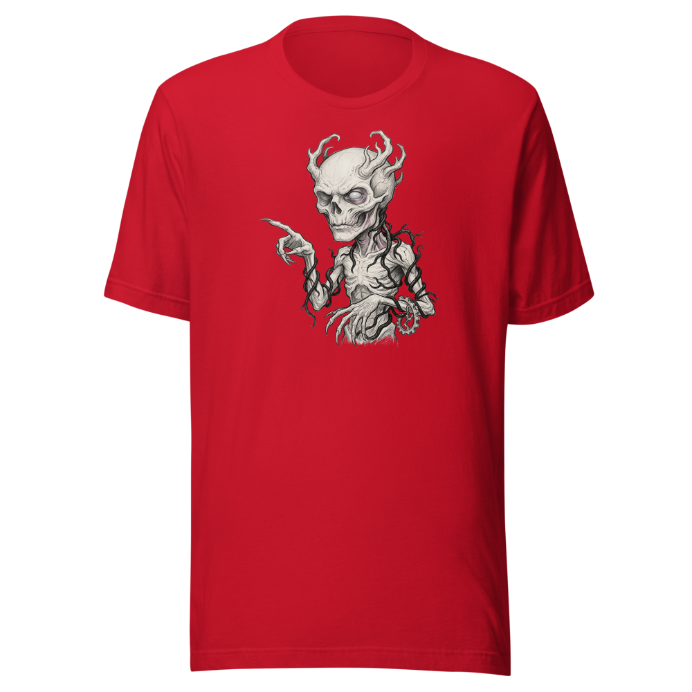 Vine-Wrapped Skull Villain Pencil Sketch Horror Tee — red front view