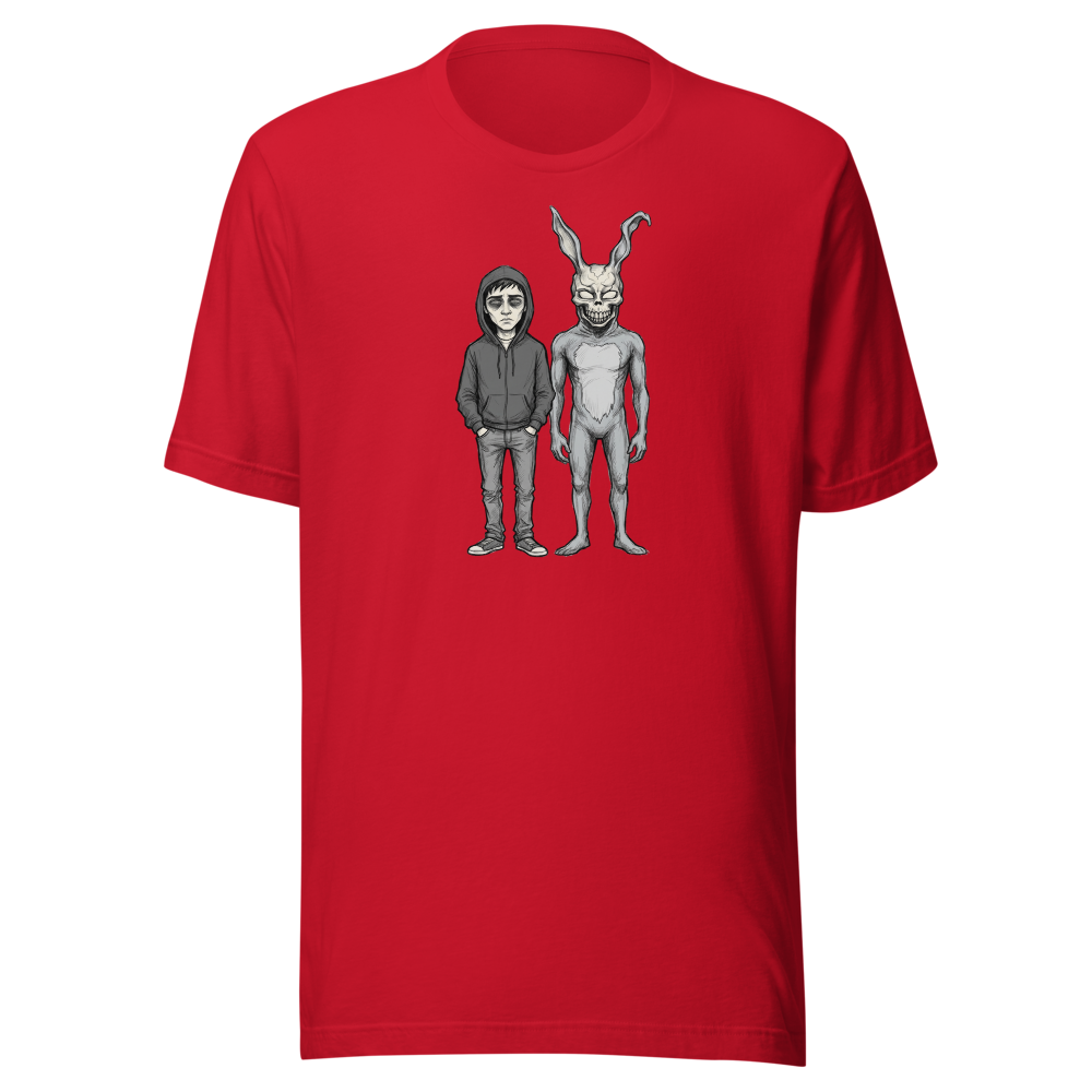 Doomed Teen and Demon Rabbit Sketch Cult Horror Tee — red front view