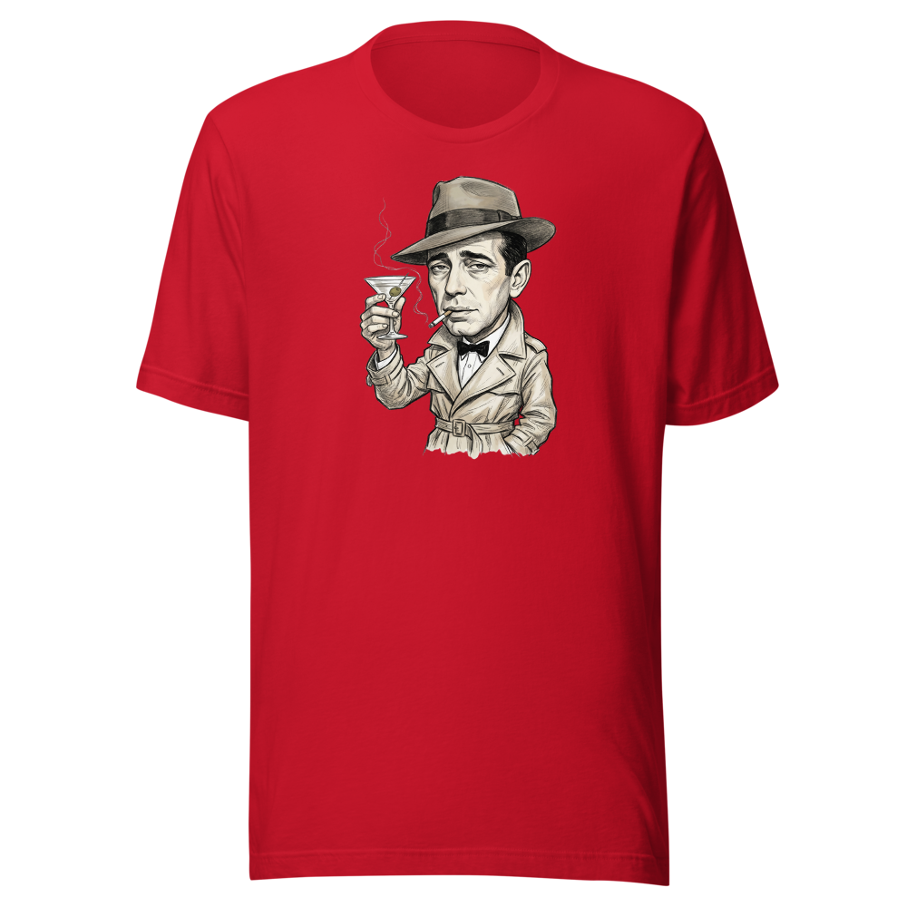 Lonely Barfly Noir Martini Toast Pencil Sketch Tee — red front view