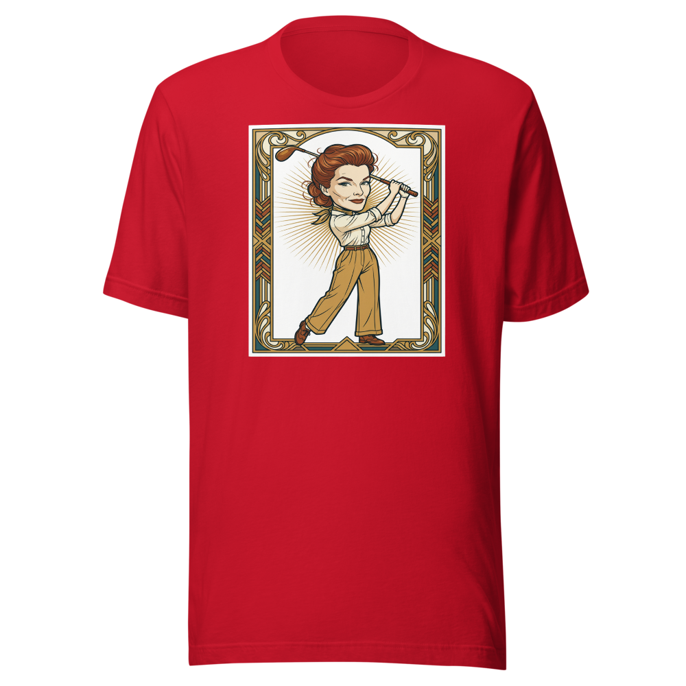 Jazz Age Golf Champion Art Deco Caricature Tee — red front view