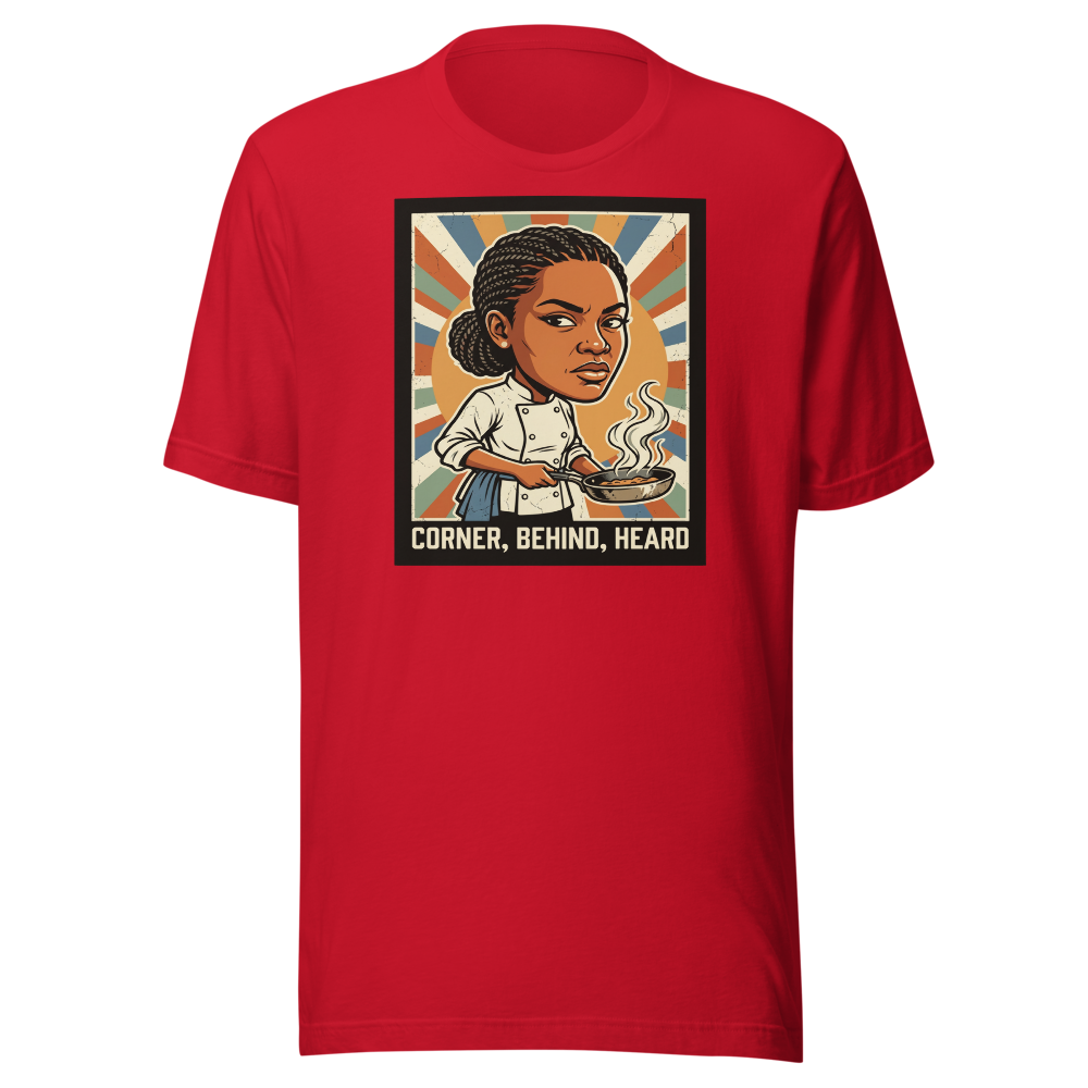 Side-Eye Chef Propaganda Screenprint Kitchen Tee — red front view