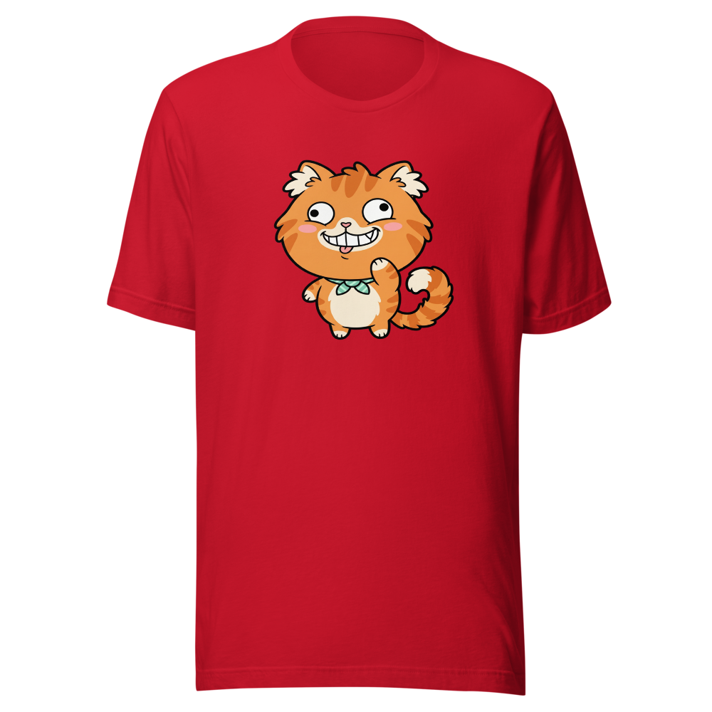 Derpy Orange Tabby Chibi Meme Cat Tee — Premium Tee — red front view