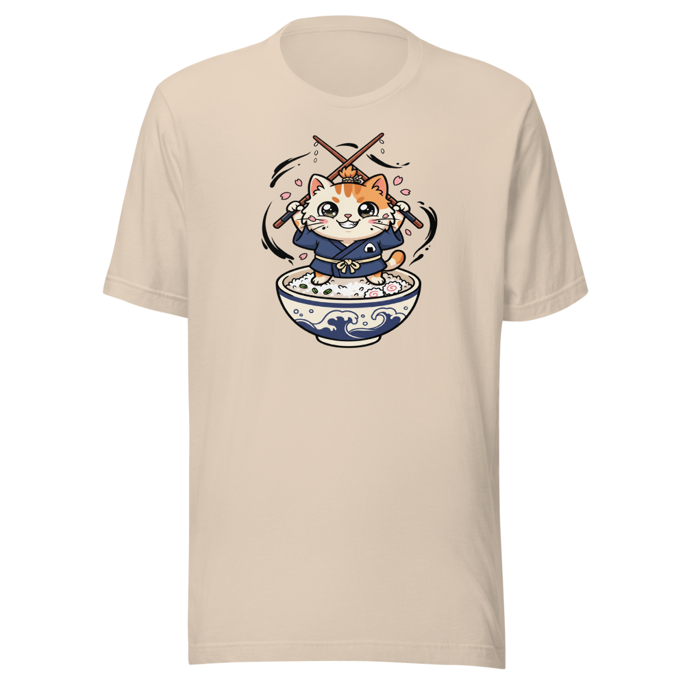 Chibi Ronin Chef Cat Chopstick Katana Anime Tee — soft cream front view