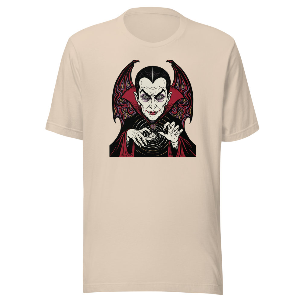 Caped Count Hypnotizes Garlic Psychedelic Horror Tee — soft cream front view