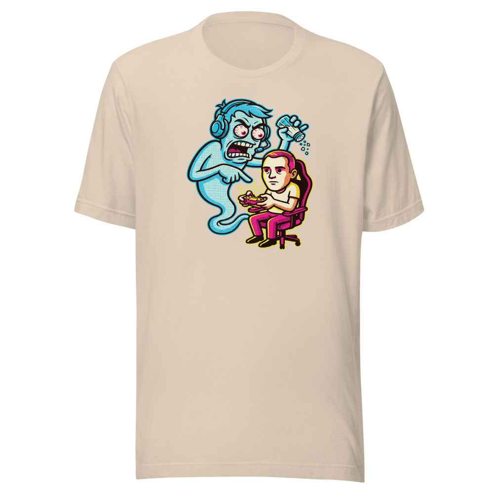 Salty Ghost Backseat Gamer Halftone Pop Art Tee — soft cream front view
