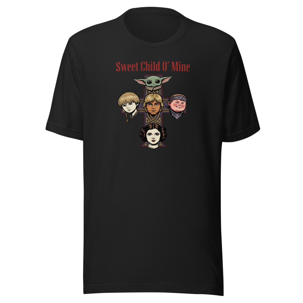 Sweet Child Sci-Fi Rock Cross album Parody Tee — vintage black front view