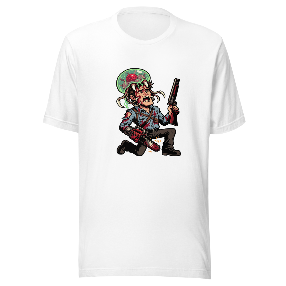 Cabin Horror Survivor vs Space Parasite Pixel Tee — Men's Premium Tee — white front view