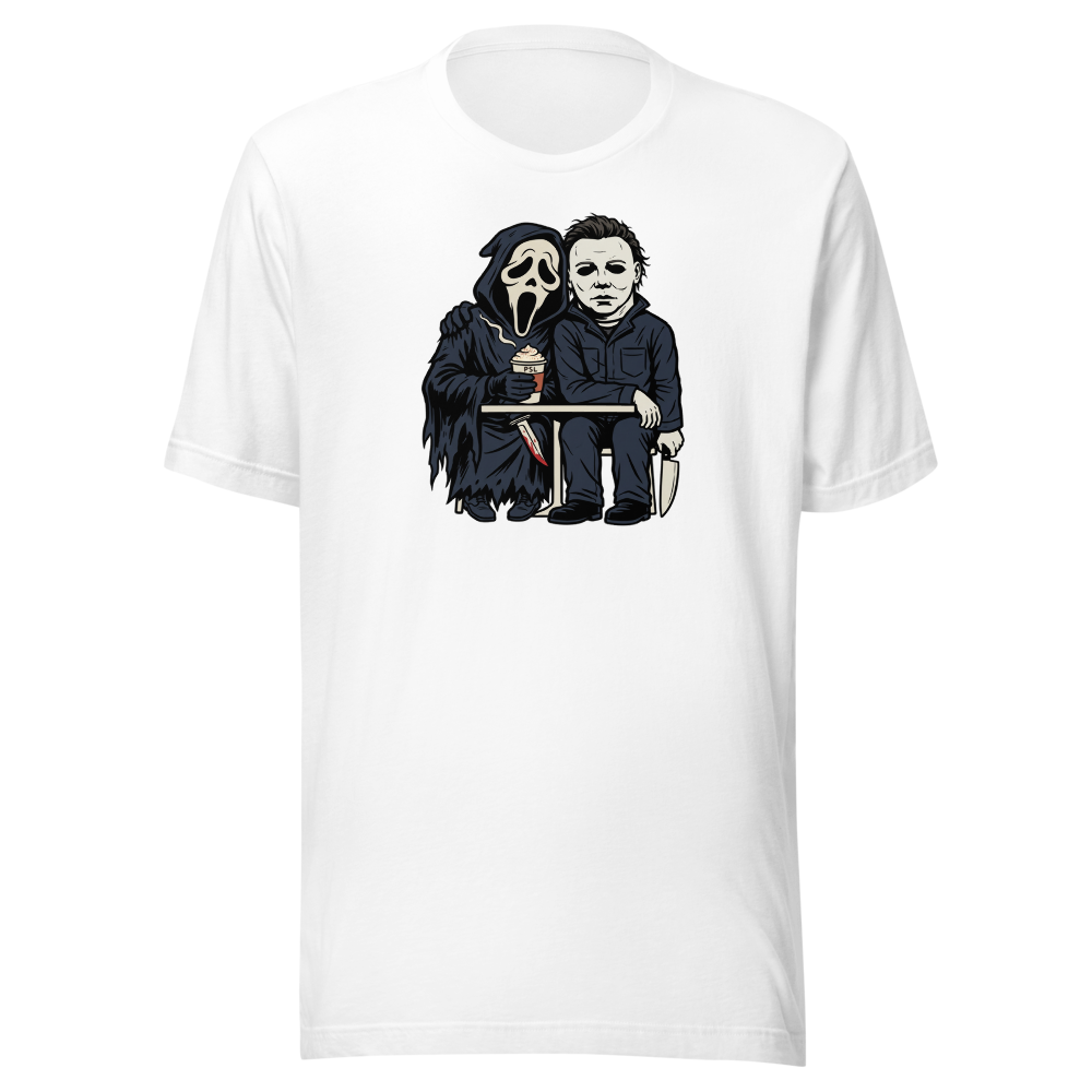 Masked Slashers Pumpkin Spice Latte Horror Tee — Men's Premium Tee — white front view