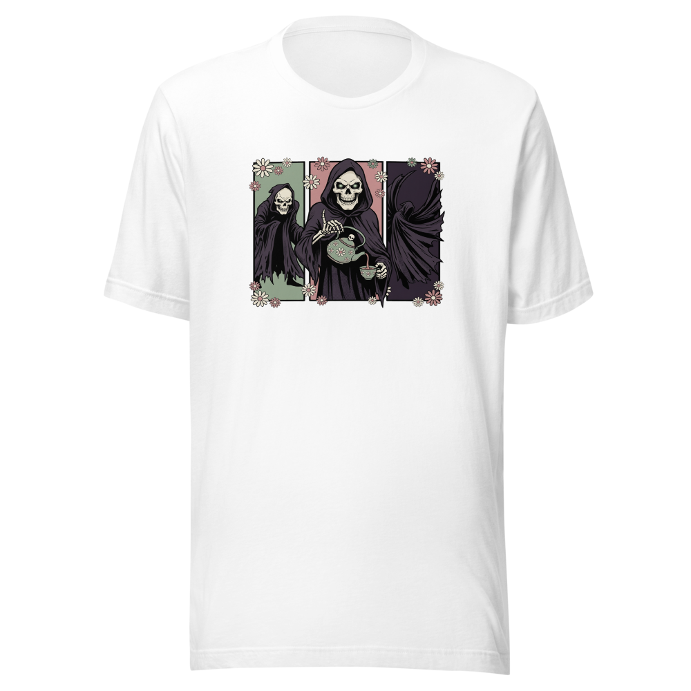 Skull Sorcerer Tea Time Comic Triptych Tee — white front view
