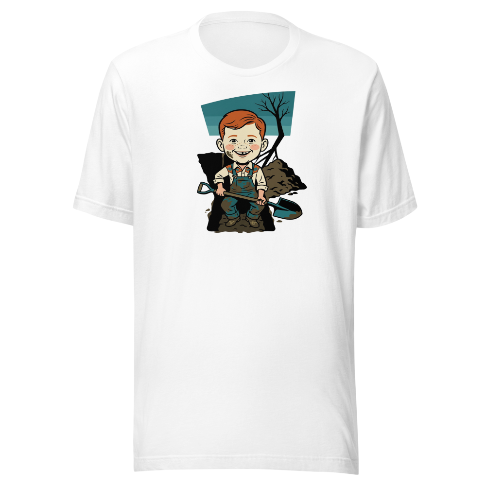 Suspicious Backyard Digger Vintage Poster Tee — white front view
