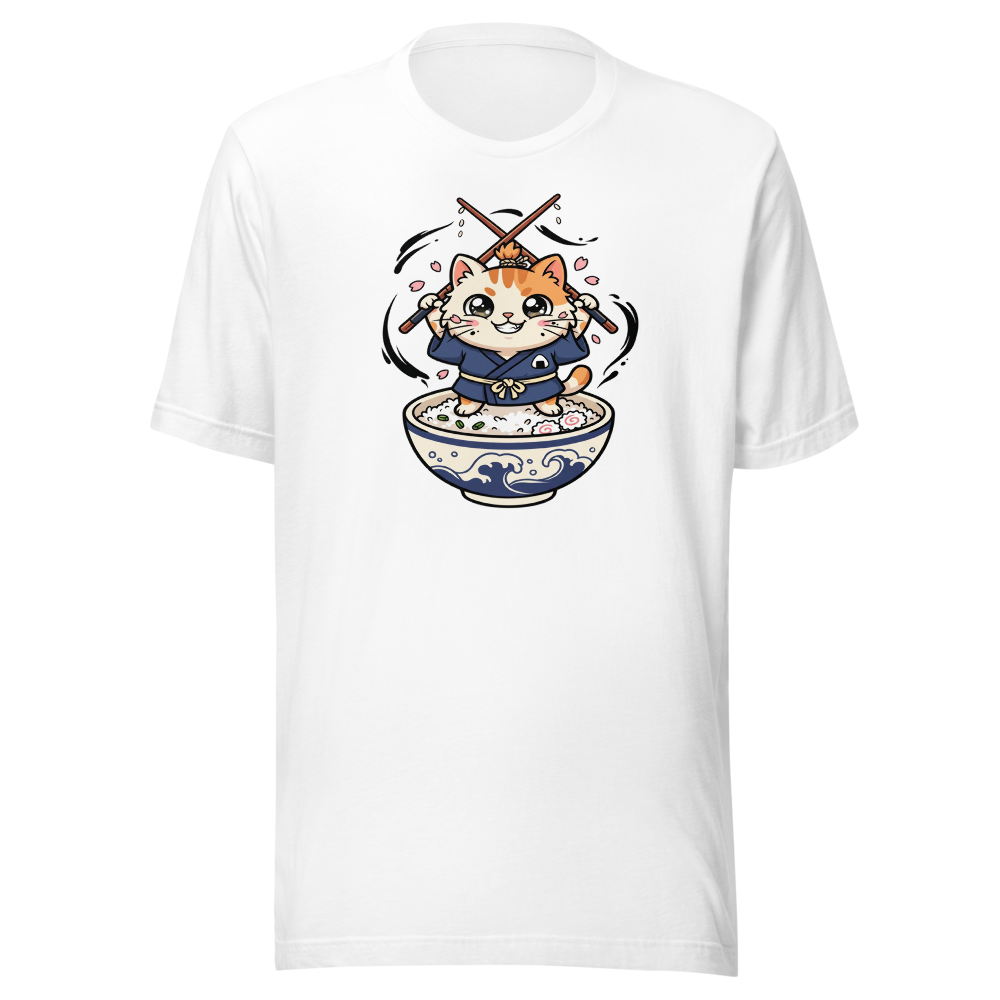 Chibi Ronin Chef Cat Chopstick Katana Anime Tee — white front view