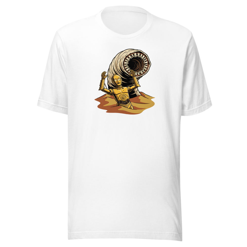 Golden Protocol Droid Desert Worm Peril Comic Tee â€” White front view
