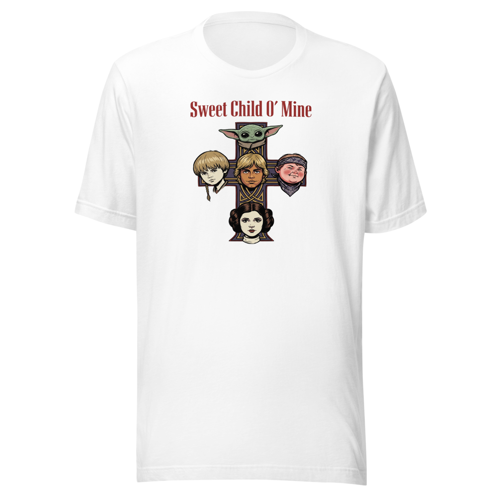 Sweet Child Sci-Fi Rock Cross album Parody Tee — white front view