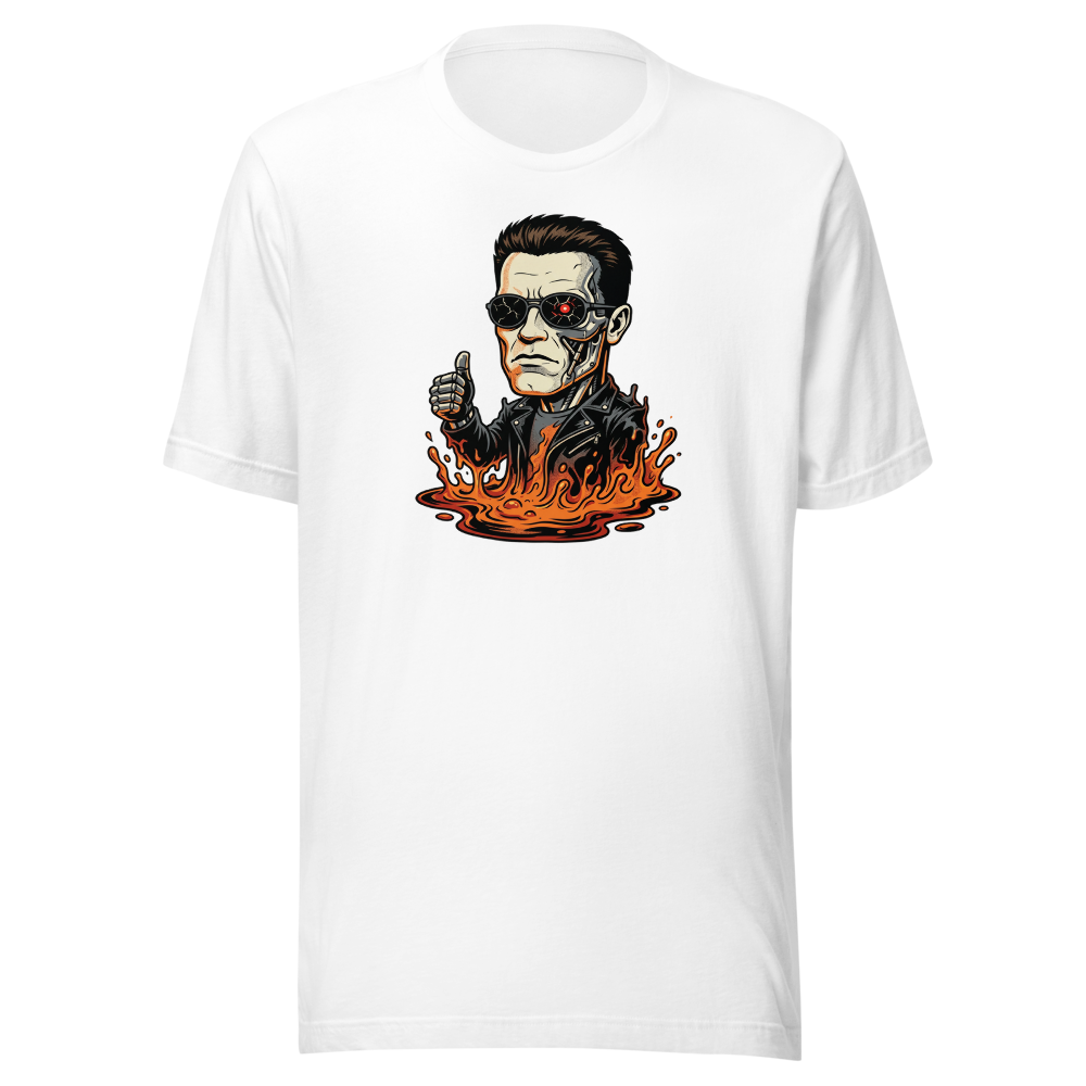 Molten Steel Thumbs Up Cyborg Comic Ink Tee — Men's Premium Tee — white front view
