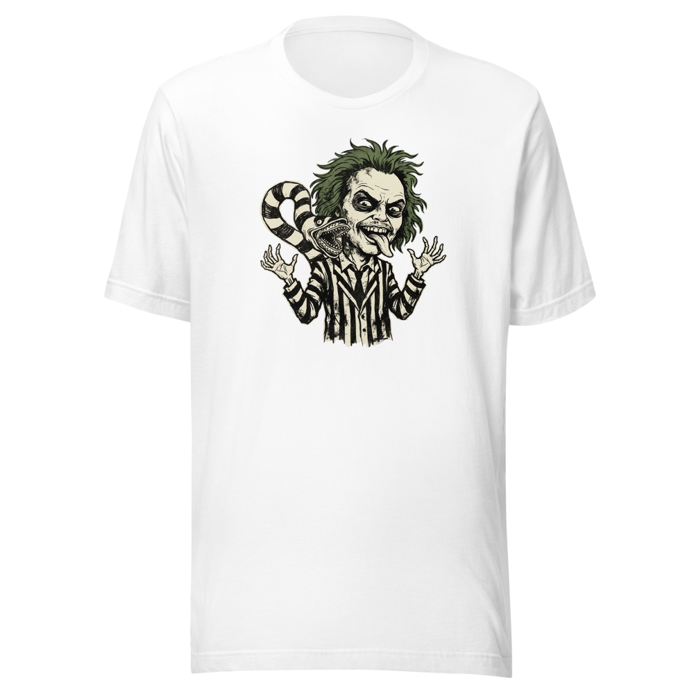 Bio-Exorcist Ghoul Pinstripe Punk Horror Comedy Tee — white front view
