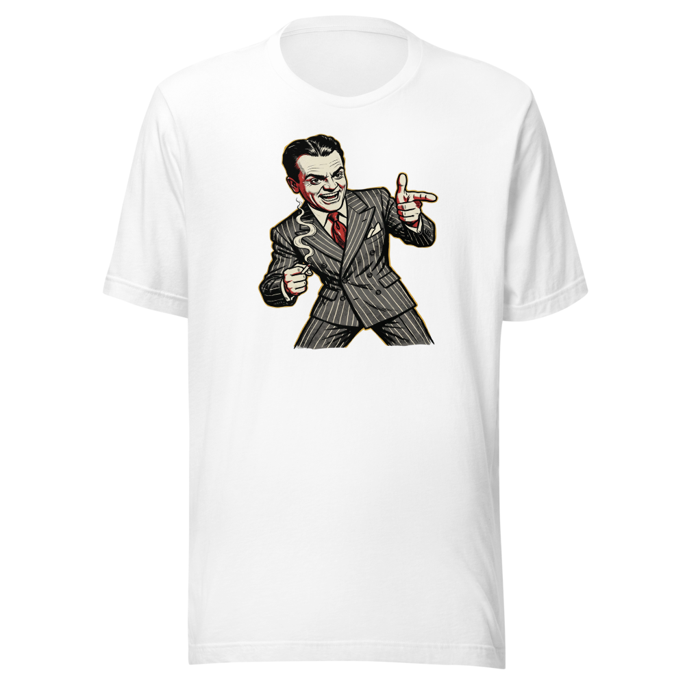 Pinstripe Gangster Finger-Gun Punk Caricature Tee — white front view