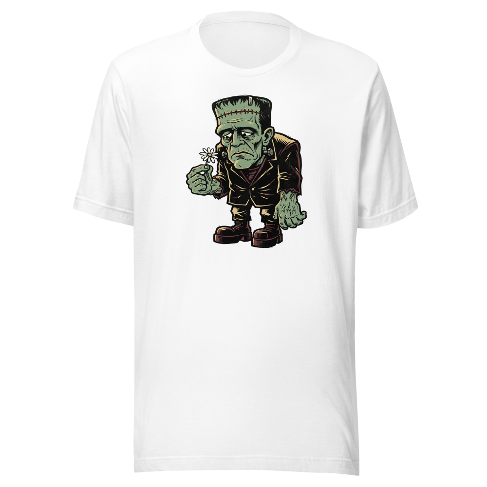 Confused Stitched Monster Holding Daisy Woodcut Tee — white front view