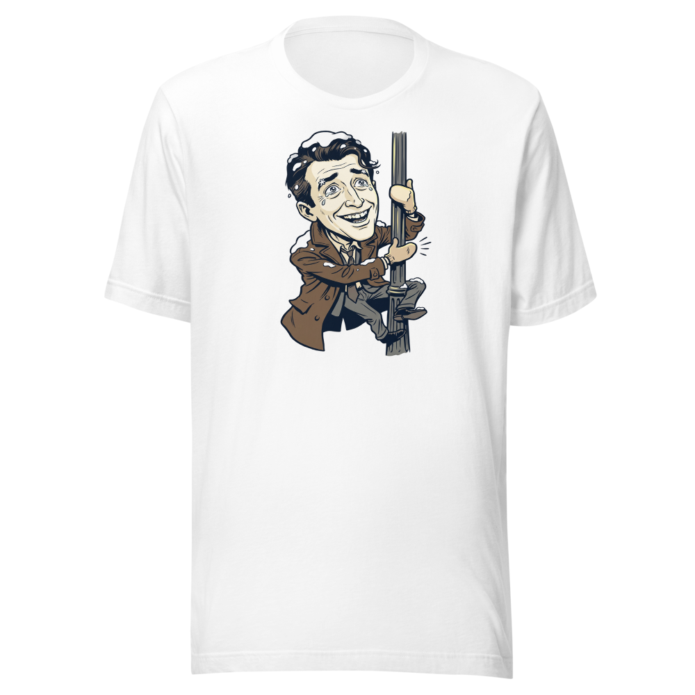 Snowy Lamppost Hug Christmas Movie Caricature T-Shirt — white front view