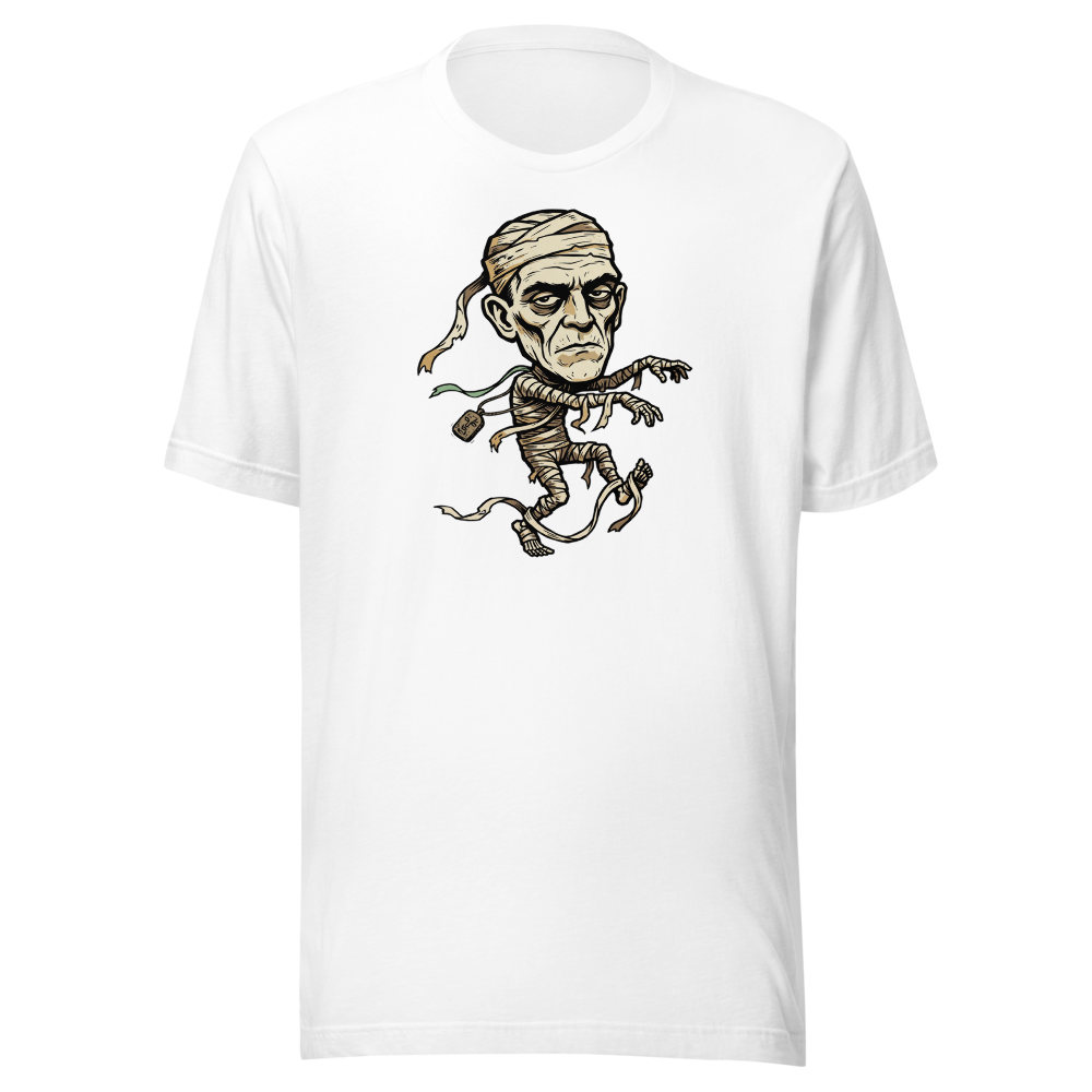 Tripping Mummy Woodcut Vintage Horror Tee — white front view