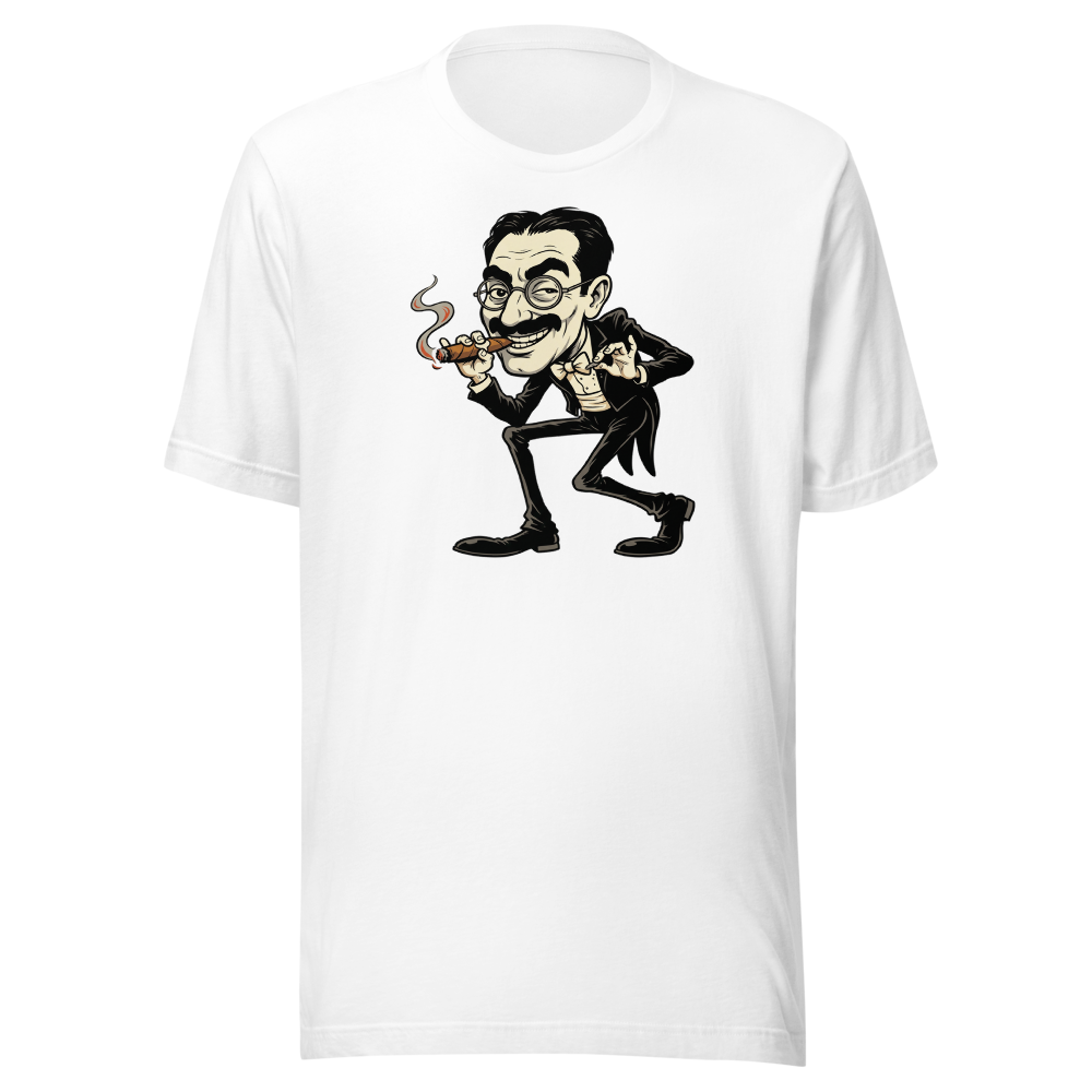 Sneaky Vaudeville Comedian Cigar Caricature Tee — white front view
