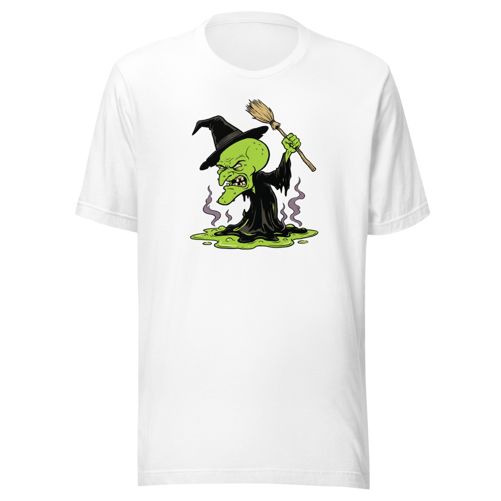 Melting Green Witch Editorial Cartoon Parody Tee — white front view