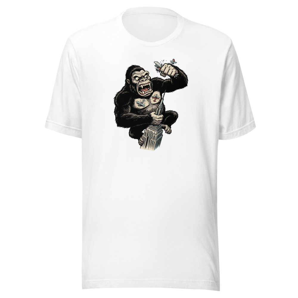 Giant Ape Skyscraper Biplane Smash Comic Tee — white front view