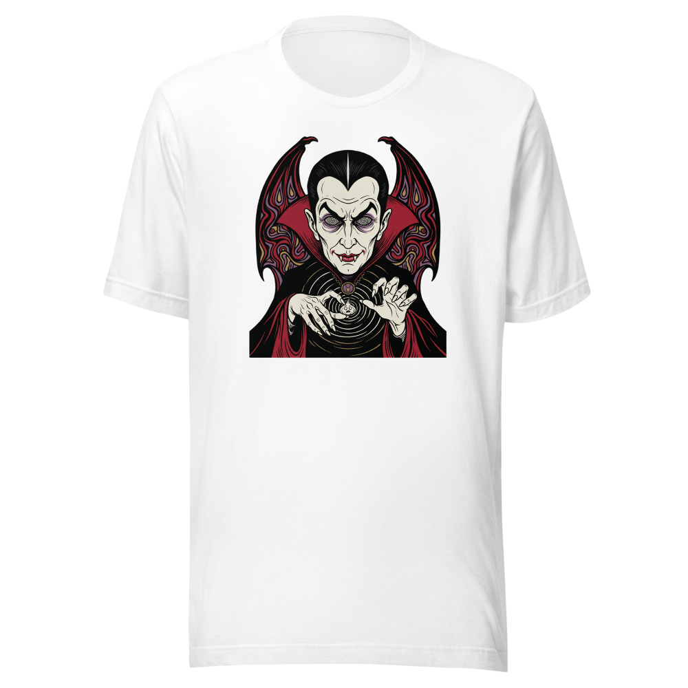 Caped Count Hypnotizes Garlic Psychedelic Horror Tee — white front view