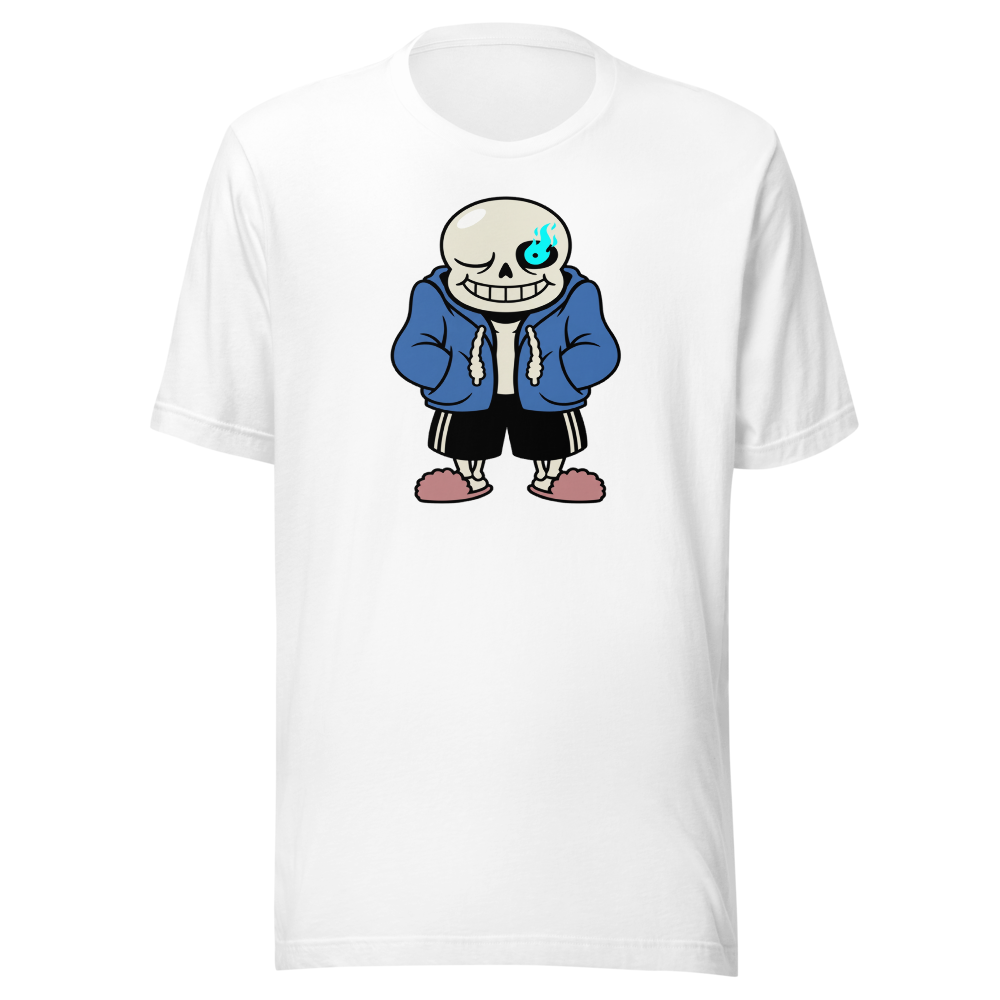 Lazy Skeleton Blue Hoodie Indie RPG Tee — white front view