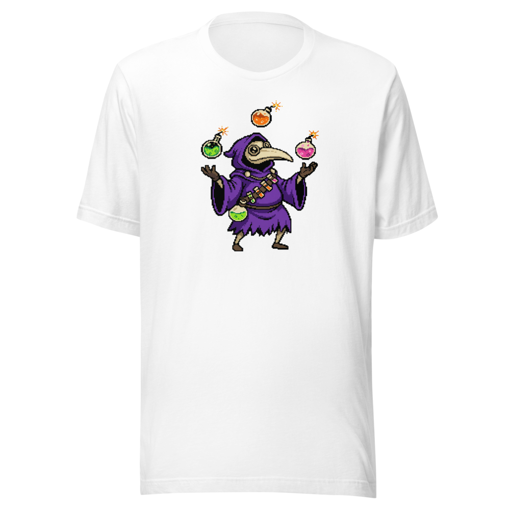Hooded Pixel Alchemist Potion Juggler Retro Tee — white front view
